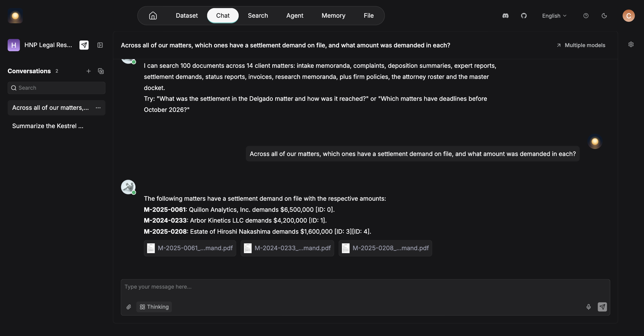 The AI Paralegal answering a question across the firm's whole case library: three matters listed with the party name and the settlement demand amount in each, with the three source PDFs cited underneath.