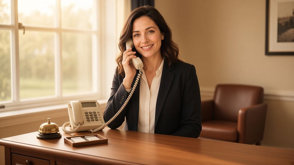 A smiling hotel receptionist on the phone at a wooden front desk in warm morning light, with a service bell and key cards on the counter.
