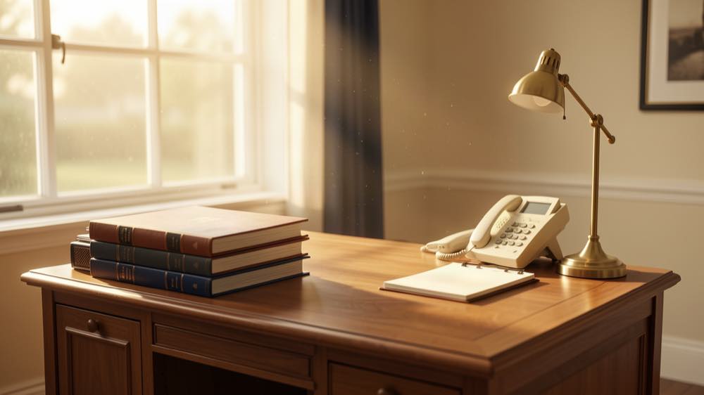 A quiet law office desk in morning light with case files and a desk phone.