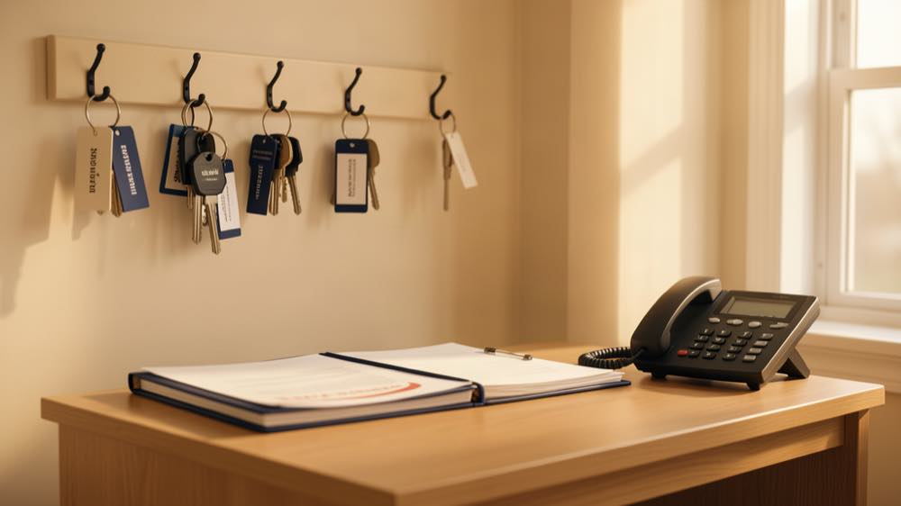 A property management desk with labelled apartment keys on hooks.