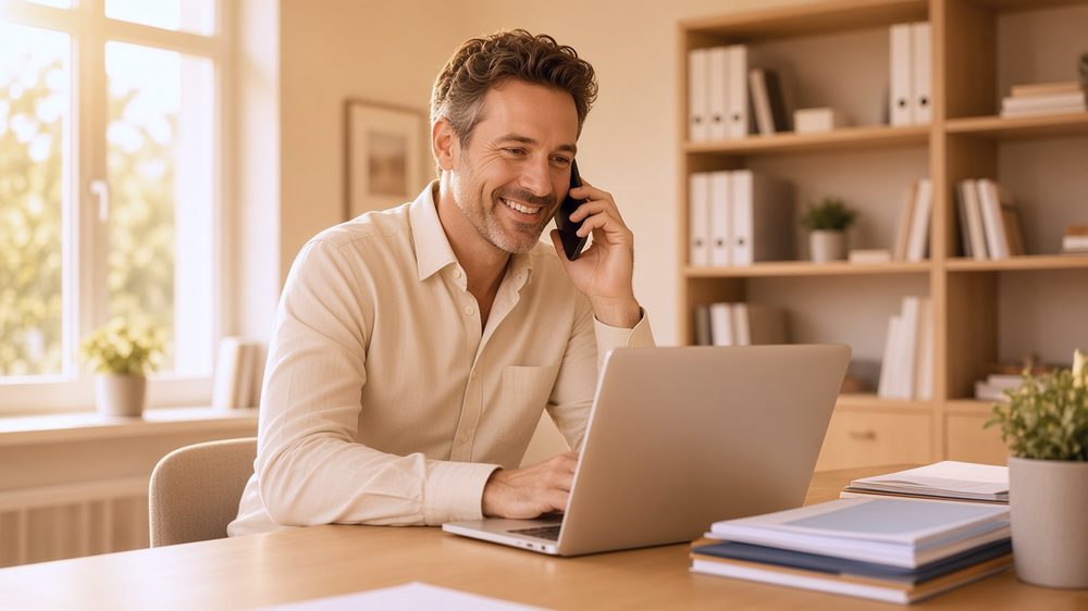 An insurance agent taking a call at a desk with a laptop.