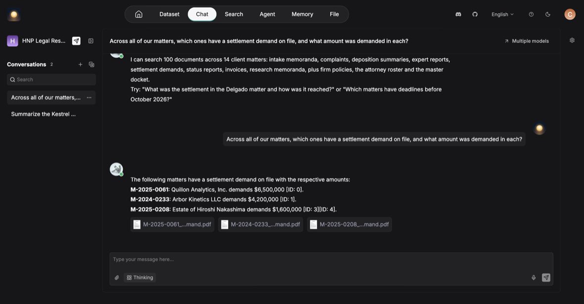 The AI Paralegal answering one question across a whole case library: three matters listed with the settlement demand amount in each, and the source PDFs cited underneath.