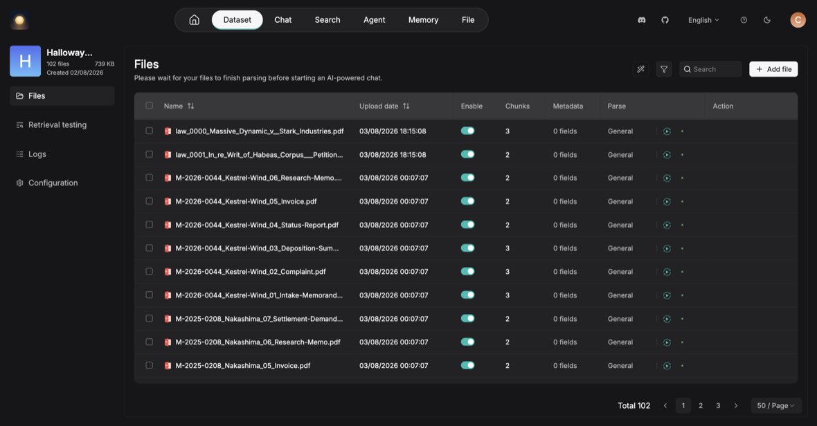 The AI Paralegal document library, showing the firm's indexed case files.